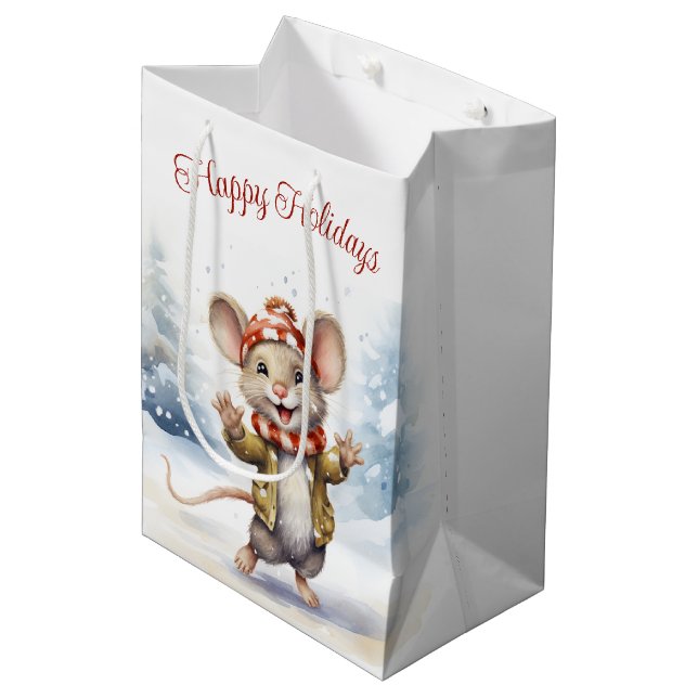 Cute Christmas Mouse In Snowflakes Medium Gift Bag (Front Angled)