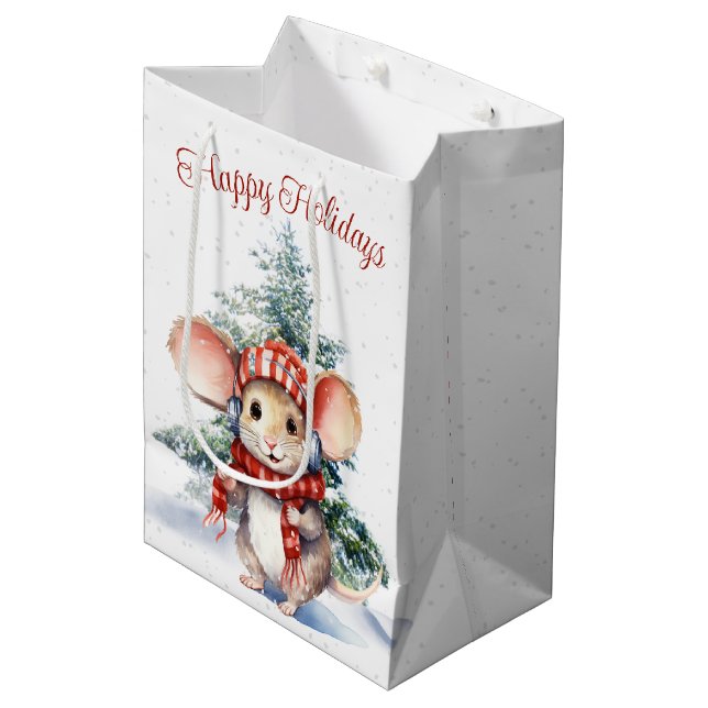 Cute Christmas Mouse In Snowflakes Medium Gift Bag (Front Angled)