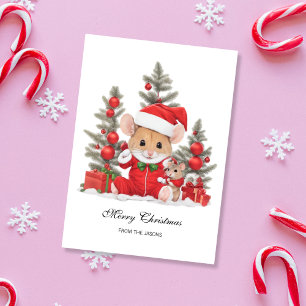 Cute Christmas Mouse with Red Hat Personalised Holiday Card