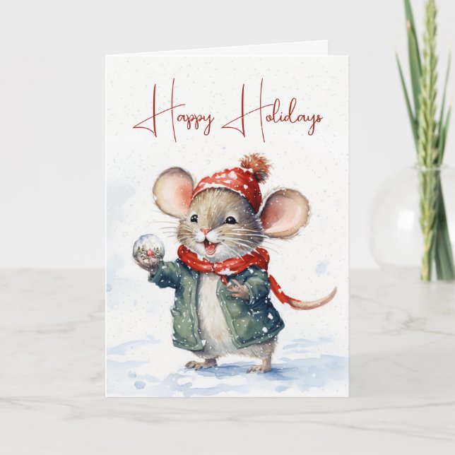 Cute Christmas Mouse With Snow Globe Card (Front)