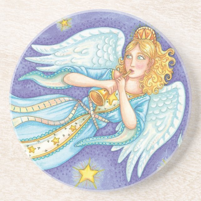 Cute Christmas, Musician Angel Playing Her Horn Coaster (Front)