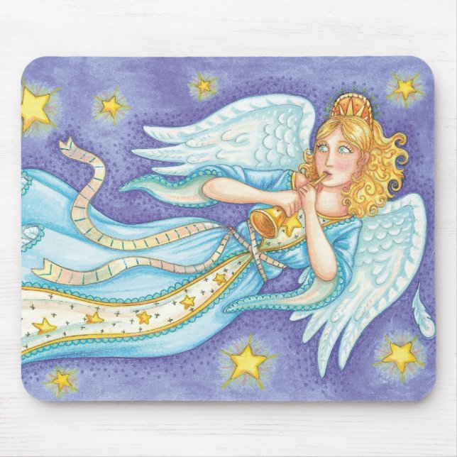 Cute Christmas, Musician Angel Playing Her Horn Mouse Pad (Front)