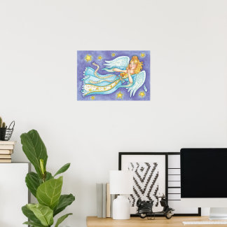 Cute Christmas, Musician Angel Playing Her Horn Poster