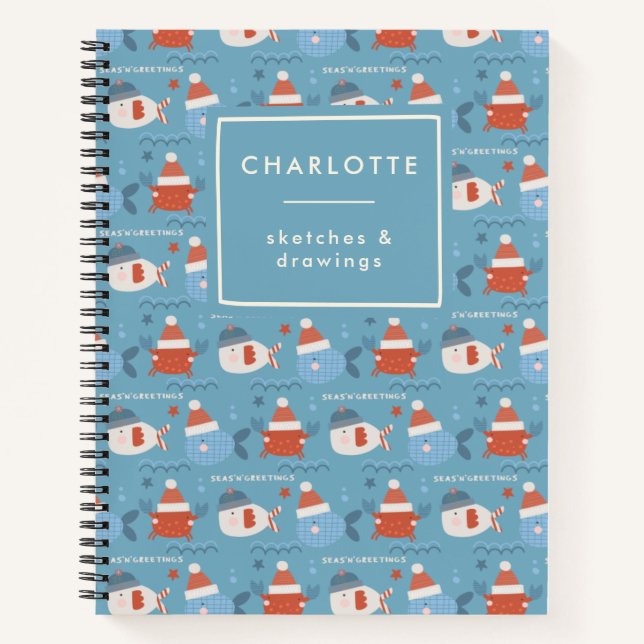 Cute Christmas Ocean Animals Fish Crab Blue Red  Notebook (Front)