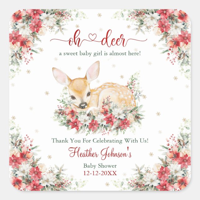 Cute Christmas Oh Deer Baby Shower  Square Sticker (Front)
