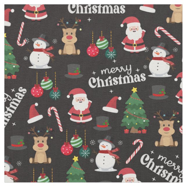 Cute Christmas On Black  Fabric (Close Up)