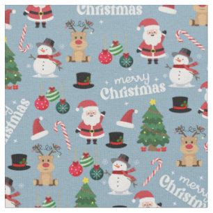 Cute Christmas On Dusty Blue Fabric