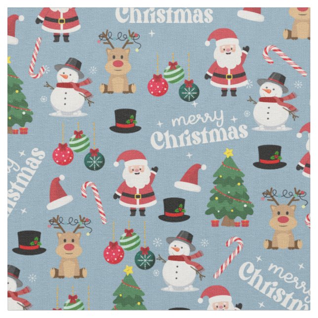 Cute Christmas On Dusty Blue Fabric (Close Up)