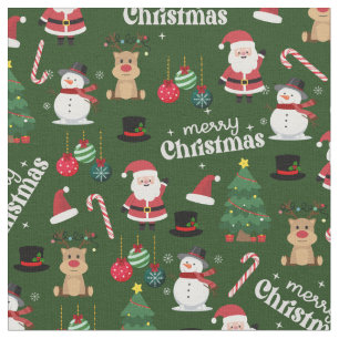 Cute Christmas On Forest Green Fabric