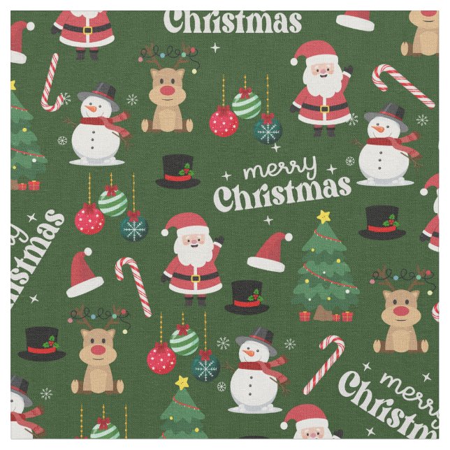 Cute Christmas On Forest Green Fabric (Close Up)
