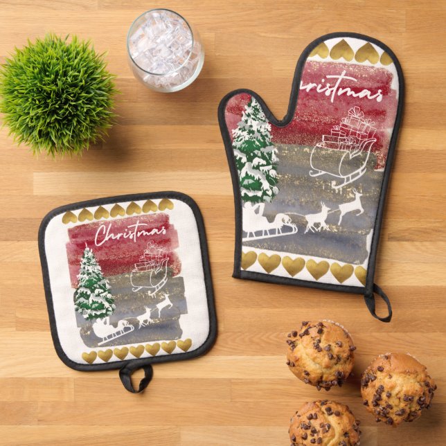 Cute Christmas  Oven Mitt & Pot Holder Set (Top Down)