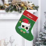 Cute Christmas Owl Custom Large Christmas Stocking<br><div class="desc">This pretty personalised owl Christmas stocking features a beautiful bird with cute Kawaii eyes on holiday green and red.</div>