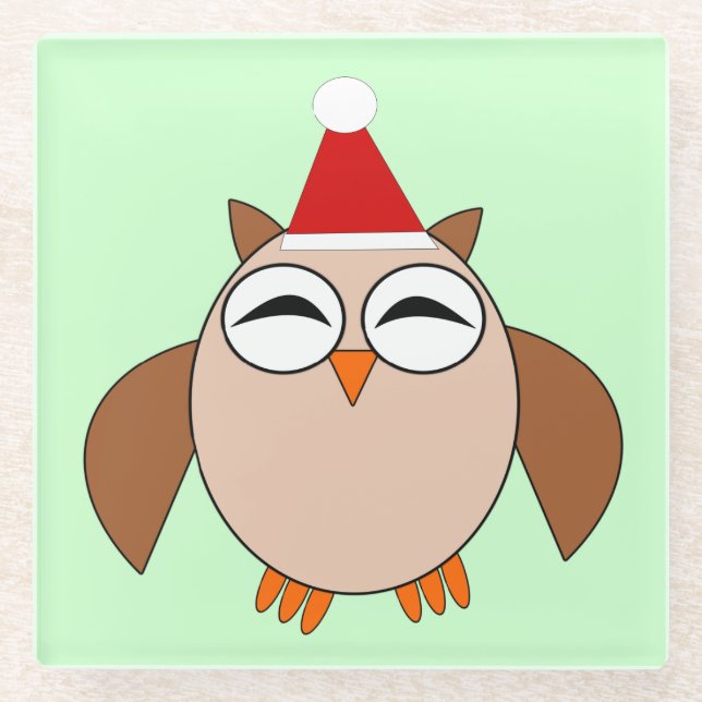 Cute Christmas Owl Glass Coaster (Front)