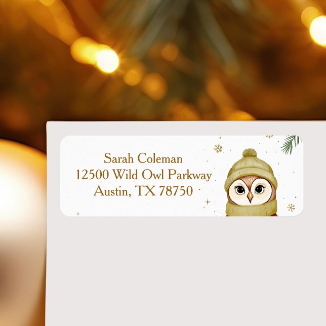Cute Christmas Owl Gold Snowflakes Return Address (Creator Uploaded)