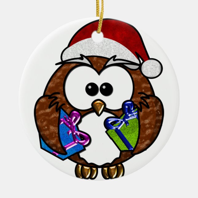 Cute Christmas Owl Holding Presents Ceramic Tree Decoration (Front)