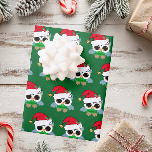 Cute Christmas Owl in Santa Hat Green Kids Wrapping Paper Sheet