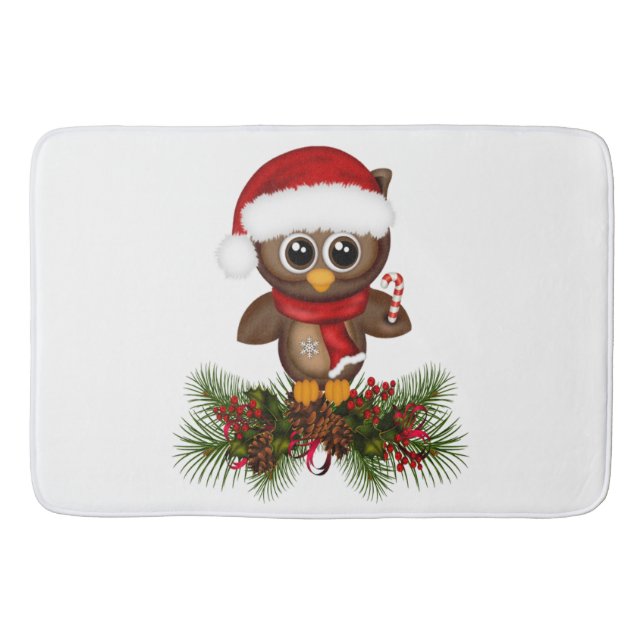 Cute Christmas Owl On Pine Branch Bath Mat (Front)