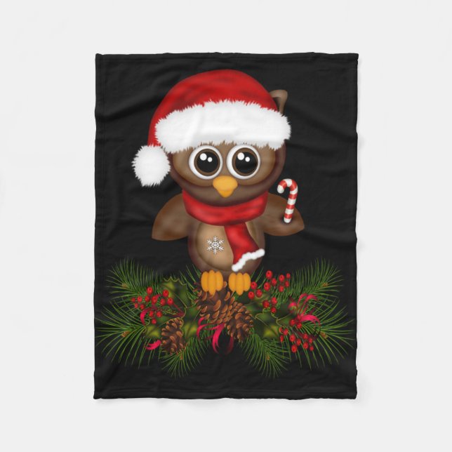 Cute Christmas Owl On Pine Branch Fleece Blanket (Front)
