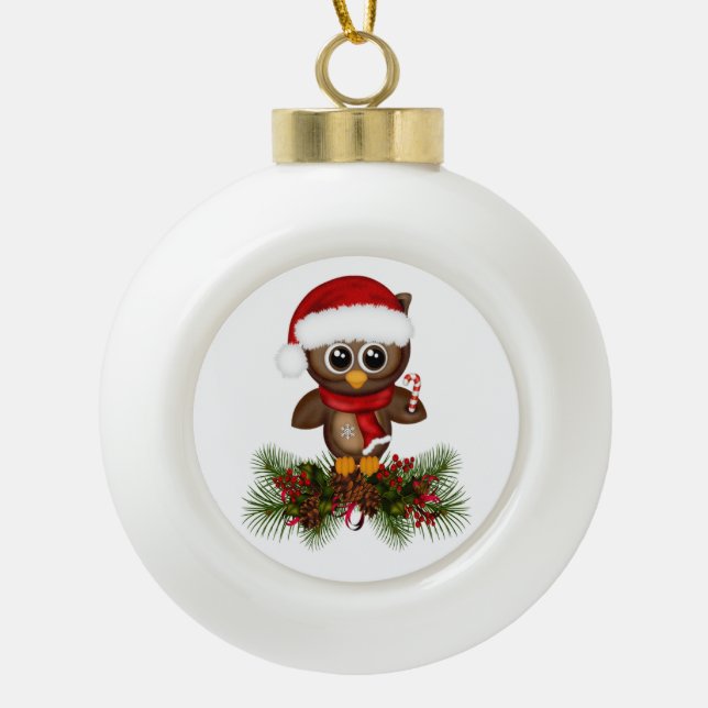 Cute Christmas Owl On Pine Branch Ornament (Front)