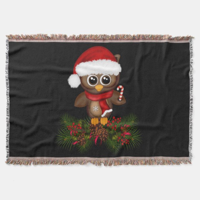Cute Christmas Owl On Pine Branch Throw Blanket (Front)