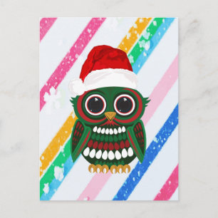 Cute Christmas Owl Rainbow Stripes White Holiday Postcard