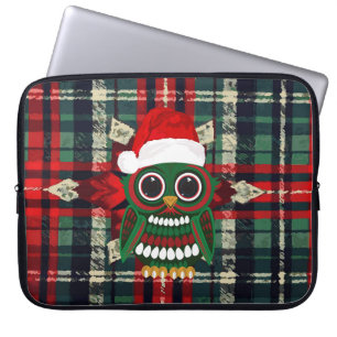 Cute Christmas Owl Red Green Plaid Cosy Holiday Laptop Sleeve