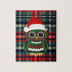Cute Christmas Owl Red Green Plaid Festive Holiday Jigsaw Puzzle