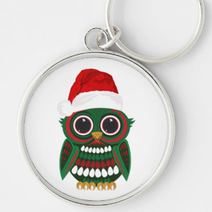 Cute Christmas Owl Red Green Plaid Festive Holiday Key Ring