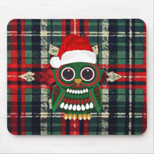 Cute Christmas Owl Red Green Plaid Festive Holiday Mouse Pad