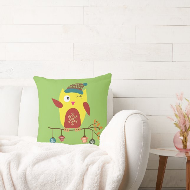 Cute Christmas Owl Winter Illustration Cushion (Couch)