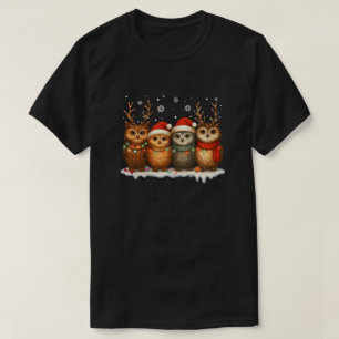 Cute Christmas Owls with Santa Hats & Reindeer T-Shirt