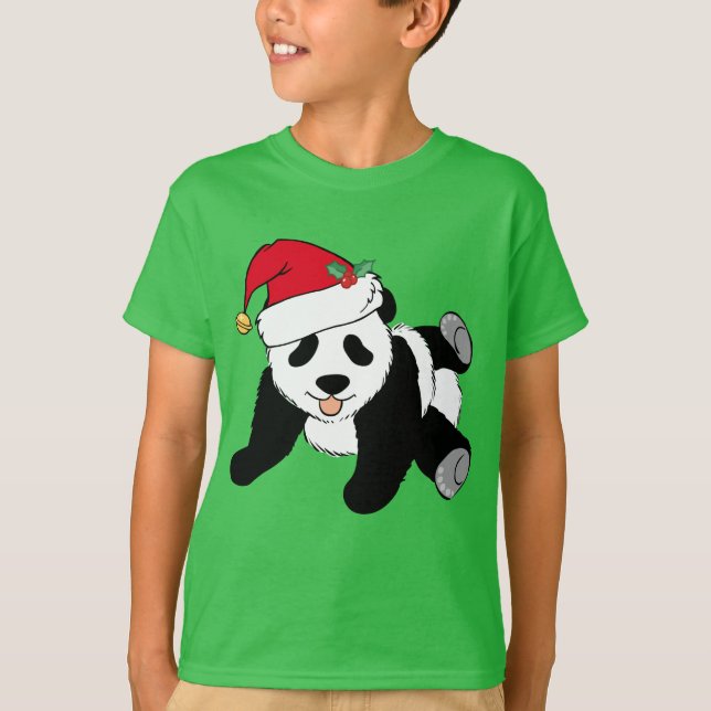 Cute Christmas Panda Bear in Santa Hat Kids Green T-Shirt (Front)
