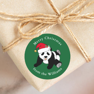 Cute Christmas Panda Bear Santa Hat Custom Green Classic Round Sticker