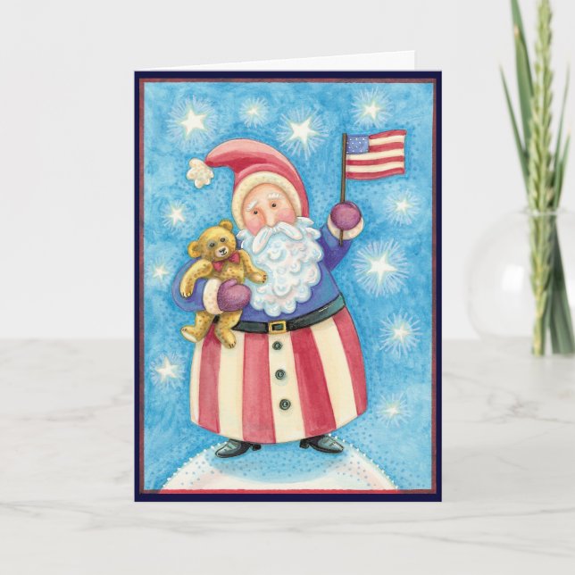 Cute Christmas, Patriotic Santa Claus with Flag Holiday Card (Front)