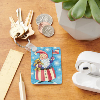 Cute Christmas, Patriotic Santa Claus with Flag Key Ring