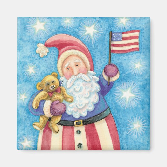 Cute Christmas, Patriotic Santa Claus with Flag Magnet (Front)