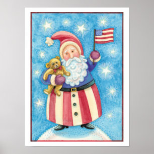 Cute Christmas, Patriotic Santa Claus with Flag Poster
