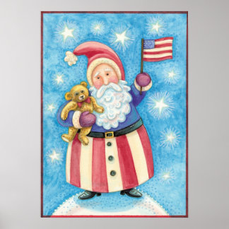 Cute Christmas, Patriotic Santa Claus with Flag Poster
