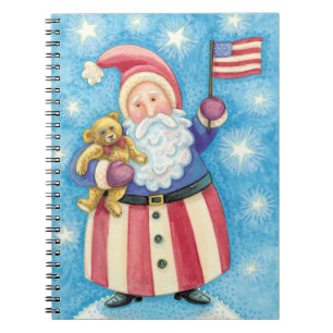 Cute Christmas, Patriotic Santa Claus with Flag Spiral Notebook