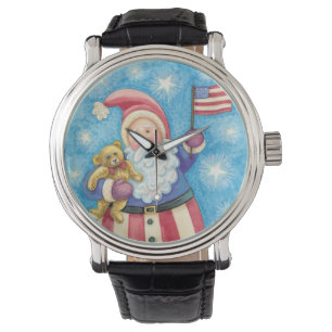Cute Christmas, Patriotic Santa Claus with Flag Watch