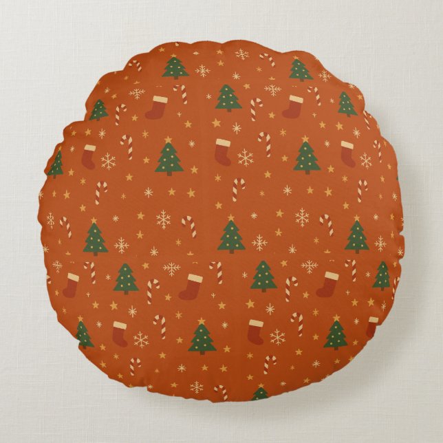 Cute Christmas Pattern – Candy Canes, Trees  Round Cushion (Front)