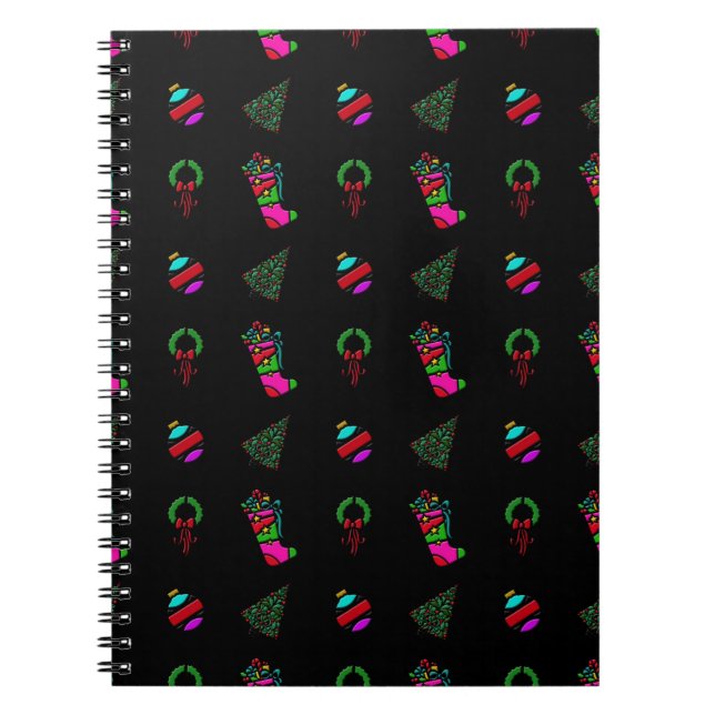 Cute Christmas Pattern on Black Background Spiral Notebook (Front)