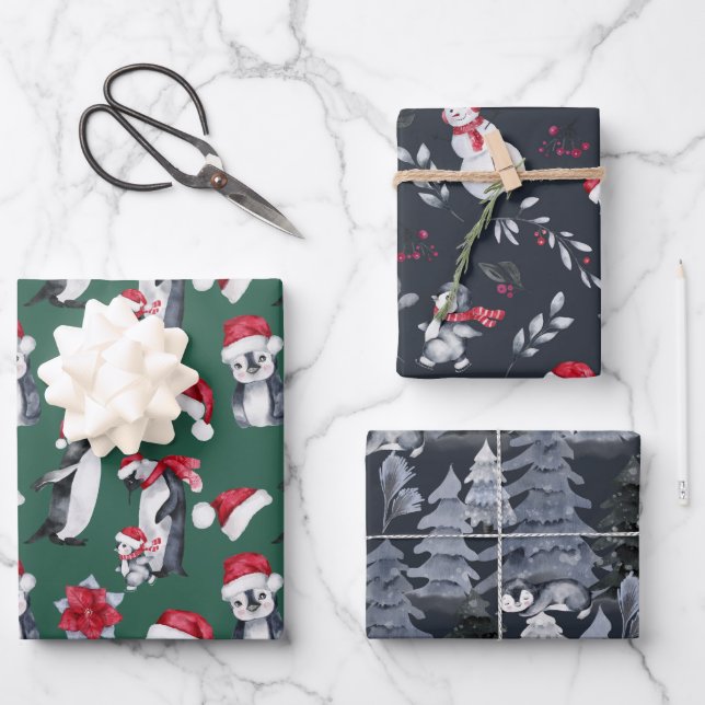 Cute Christmas Pattern Penguin Illustration Kids Wrapping Paper Sheet (Front)
