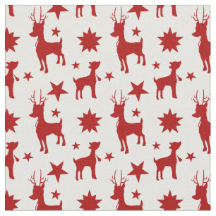 Cute Christmas pattern with red reindeer and stars Fabric