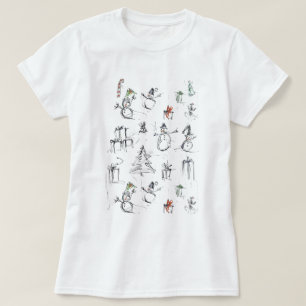 Cute Christmas Pattern with Snowman, Tree, and Gif T-Shirt