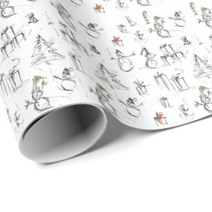 Cute Christmas Pattern with Snowman, Tree, and Gif Wrapping Paper