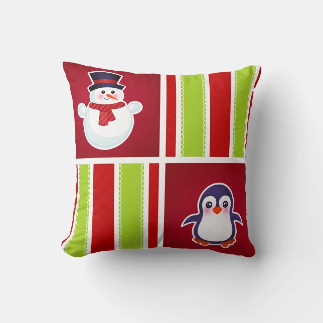 Cute Christmas Pattern With Snowmen And Penguins Cushion (Front)