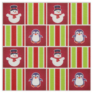 Cute Christmas Pattern With Snowmen And Penguins Fabric