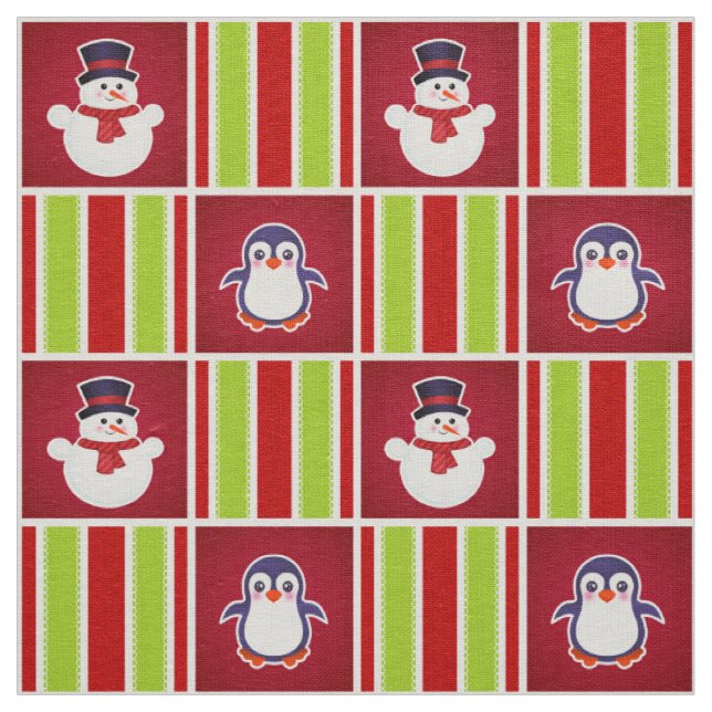 Cute Christmas Pattern With Snowmen And Penguins Fabric (Swatch)