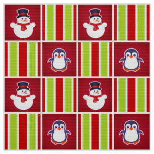 Cute Christmas Pattern With Snowmen And Penguins Fabric